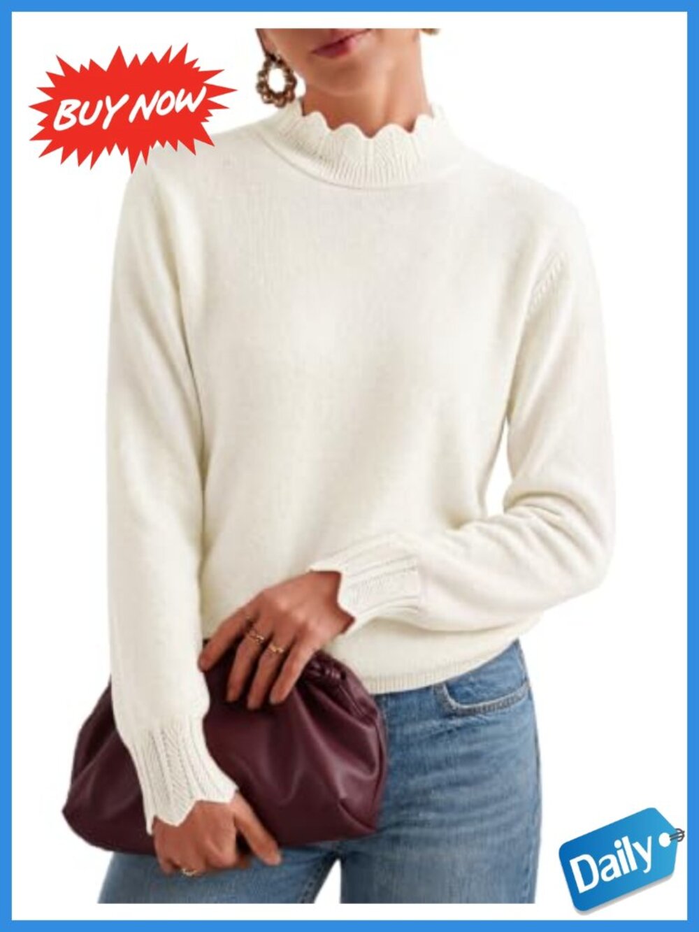 Scalloped Mock Neck Puff Sleeve Pullover Sweater Women Ribbed Knit
